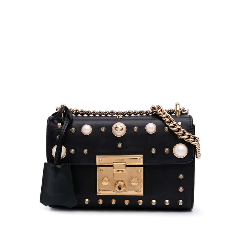 Gucci Small Pearl Studded Leather Padlock Crossbody Black Leather Good condition - Front View