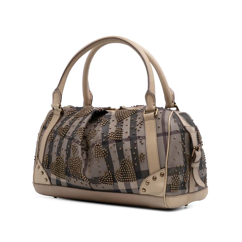 Burberry Smoke Check Coated Canvas Studded Heart Boston Bag Brown Good condition - Back View