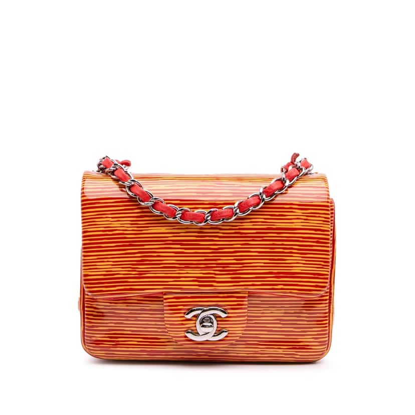 Chanel Mini Square Classic Patent Striped Single Flap Orange Leather Good condition - Front View