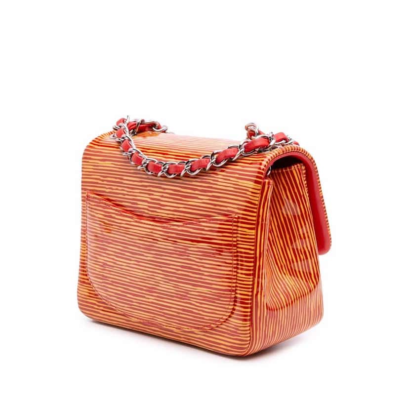Chanel Mini Square Classic Patent Striped Single Flap Orange Leather Good condition - Back View