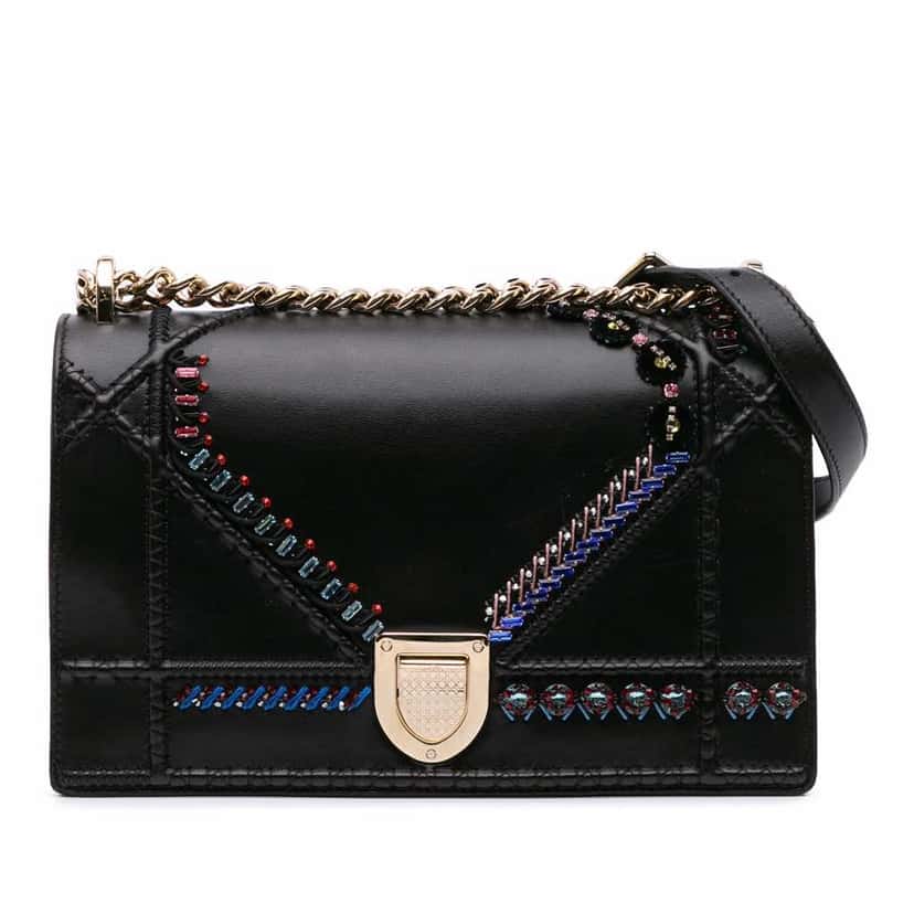 Dior Medium Calfskin Crystal Embroidered Diorama Flap Black Leather Good condition - Front View