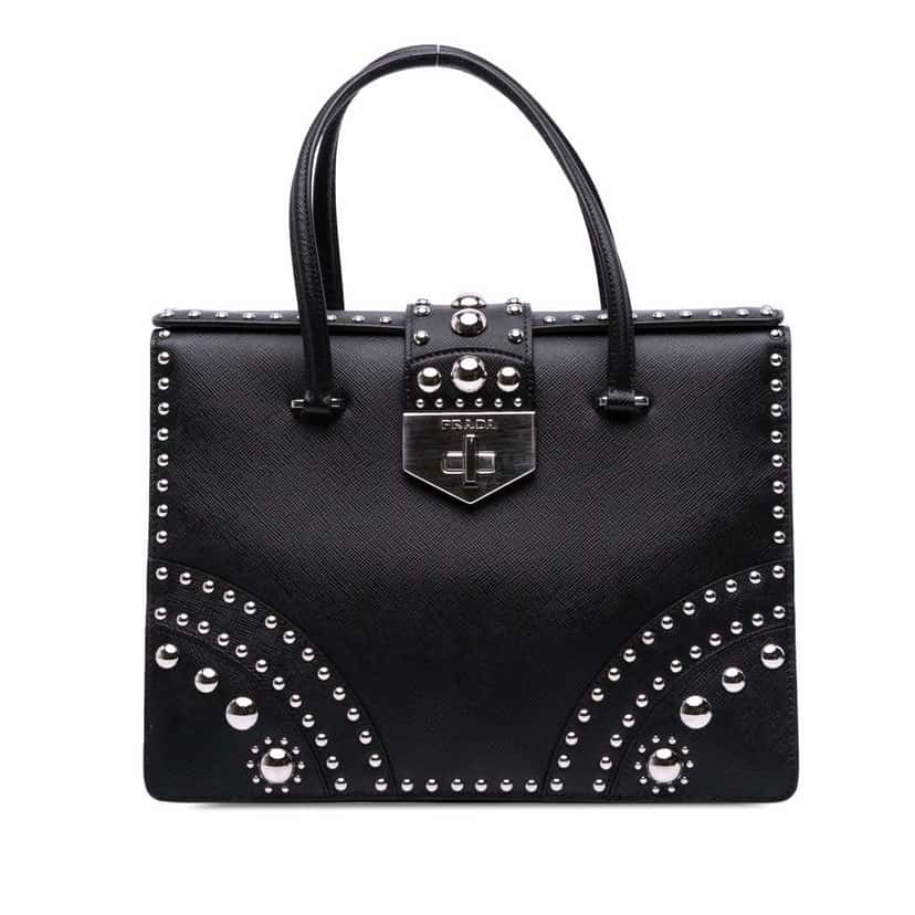 Prada Studded Saffiano Handbag Black Leather Good condition - Front View