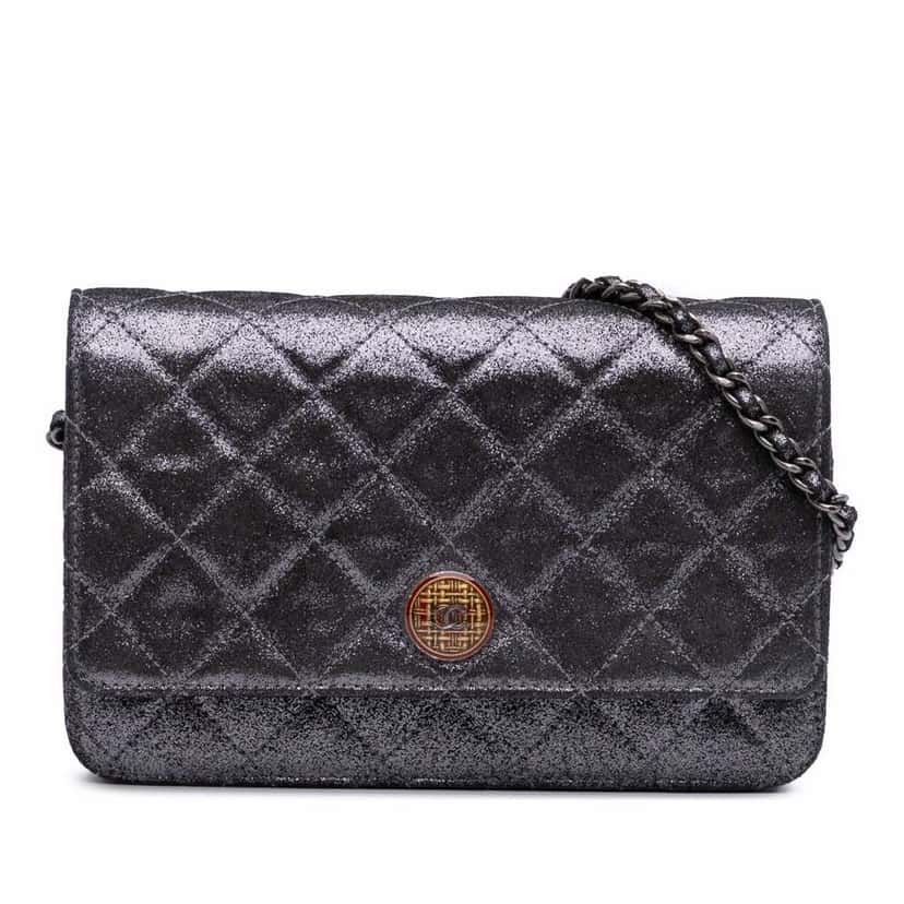 Chanel Quilted Iridescent Lambskin Tartan Button Wallet On Chain Silver Leather Very good condition - Front View