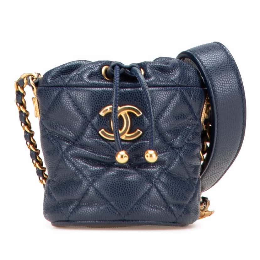 Chanel Mini Quilted Caviar Medallion Charms Drawstring Bucket Bag Blue Leather Very good condition - Front View
