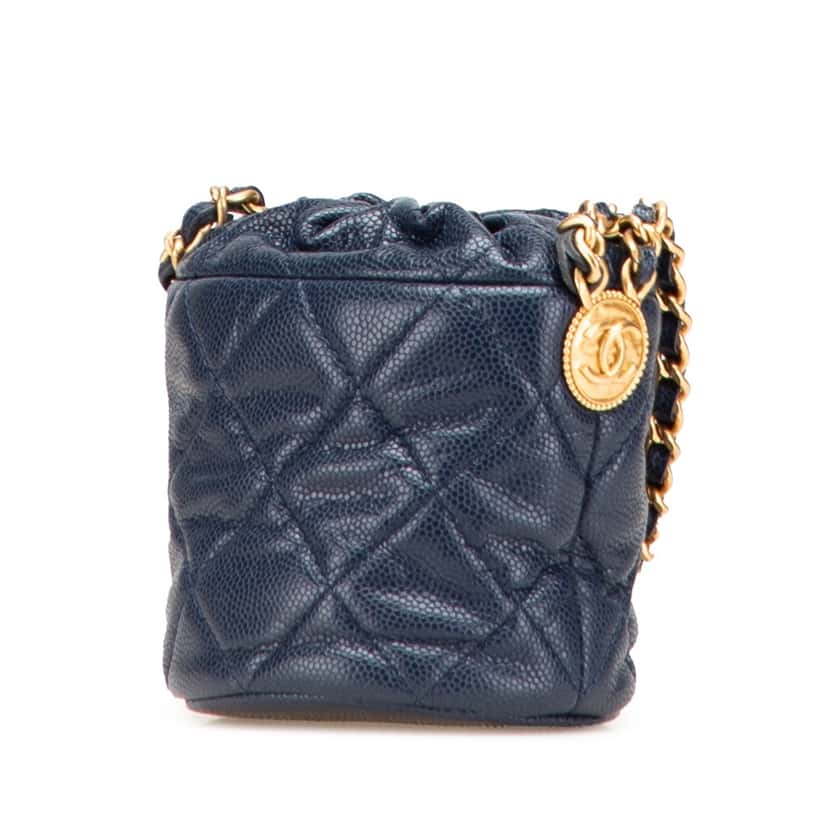 Chanel Mini Quilted Caviar Medallion Charms Drawstring Bucket Bag Blue Leather Very good condition - Back View