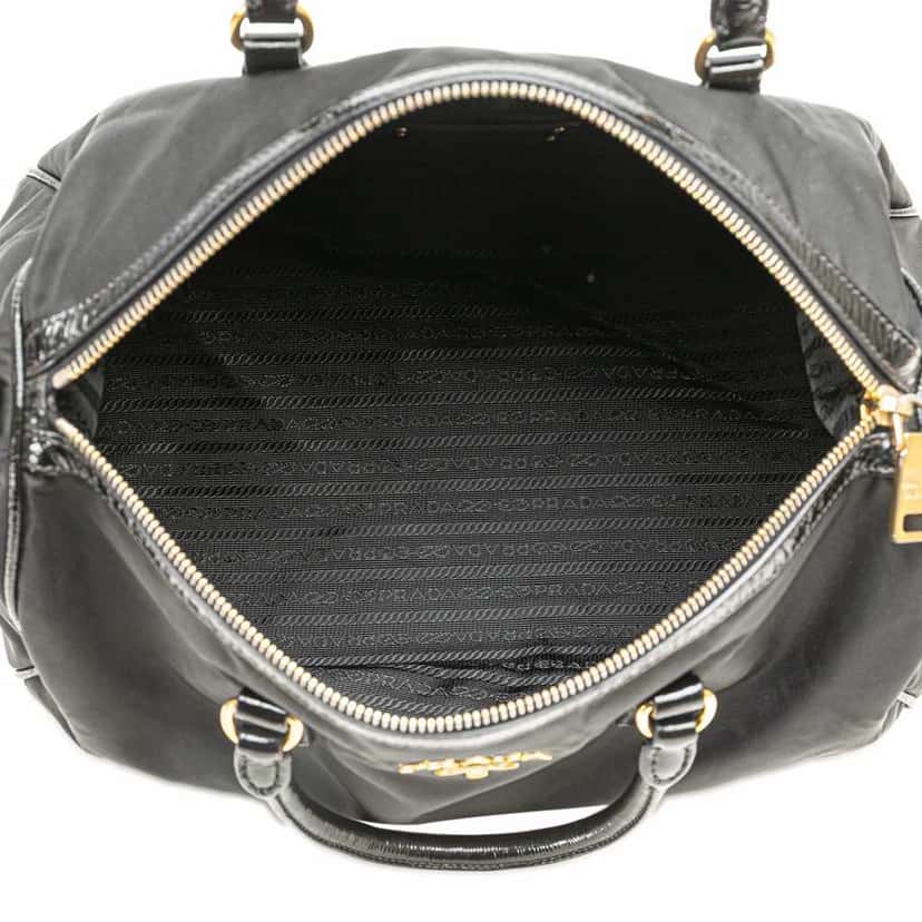 Prada Vernice Trimmed Tessuto Boston Bag Black Good condition - Model View
