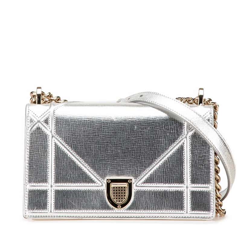 Dior Small Metallic Grained Calfskin Diorama Flap Silver Leather Good condition - Front View