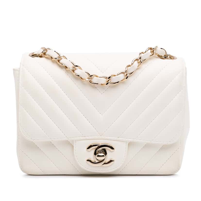 Chanel Mini Square Classic Chevron Lambskin Single Flap White Leather Good condition - Front View