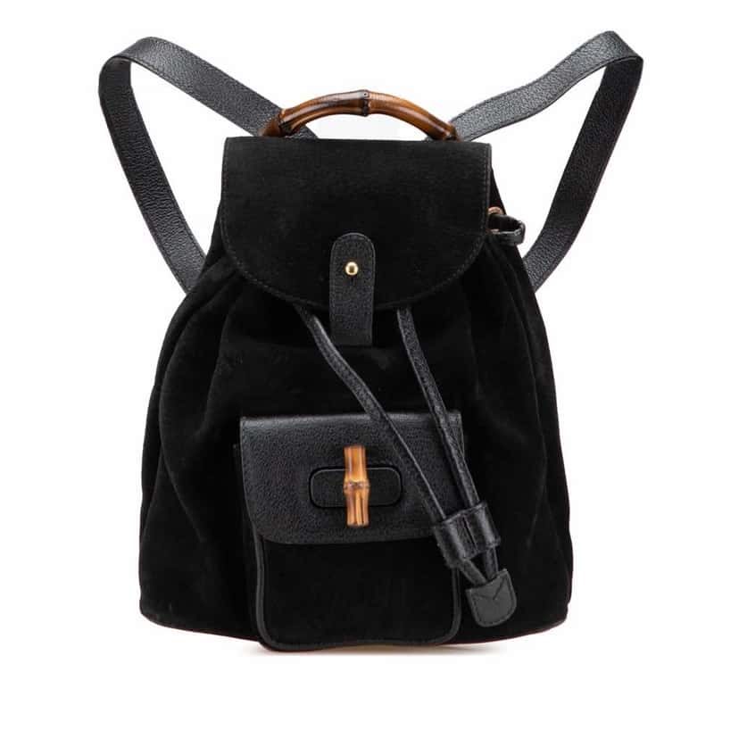 Gucci Suede Bamboo Backpack Black Leather Good condition - Front View
