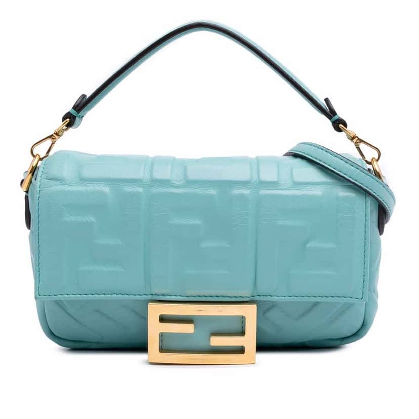 Fendi Mini Zucca Embossed Leather Baguette Satchel Blue Leather Good condition - Front View