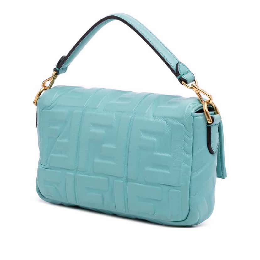 Fendi Mini Zucca Embossed Leather Baguette Satchel Blue Leather Good condition - Back View