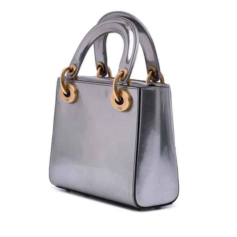 Dior Mini Metallic Glazed Calfskin Lady Dior Silver Leather Good condition - Back View