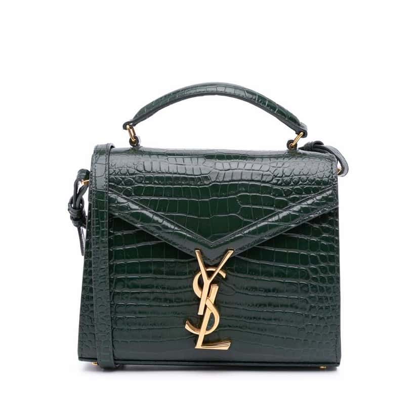 Saint Laurent Mini Croc Embossed Calfskin Monogram Cassandra Top Handle Bag Green Leather Good condition - Front View