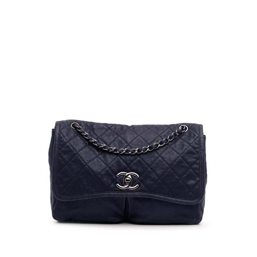 Chanel Large Quilted Calfskin Natural Beauty Split Pocket Flap Blue Leather Very good condition - Front View