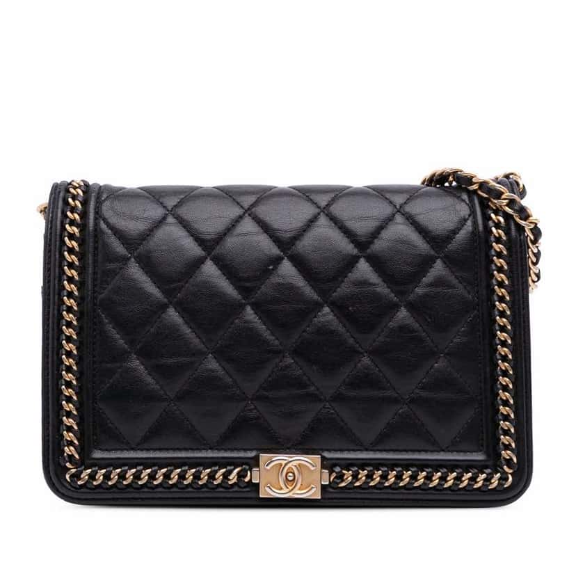 Chanel Quilted Calfskin Chain Around Boy Wallet On Chain Black Leather Good condition - Front View