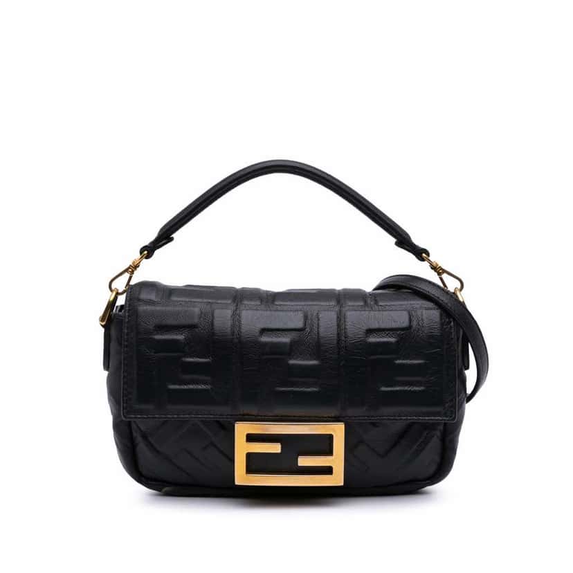 Fendi Mini Zucca Embossed Leather Baguette Satchel Black Leather Good condition - Front View