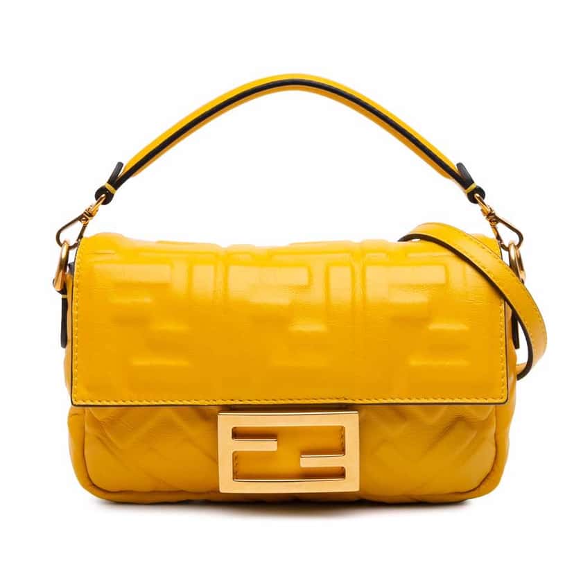 Fendi Mini Zucca Embossed Leather Baguette Satchel Yellow Leather Good condition - Front View