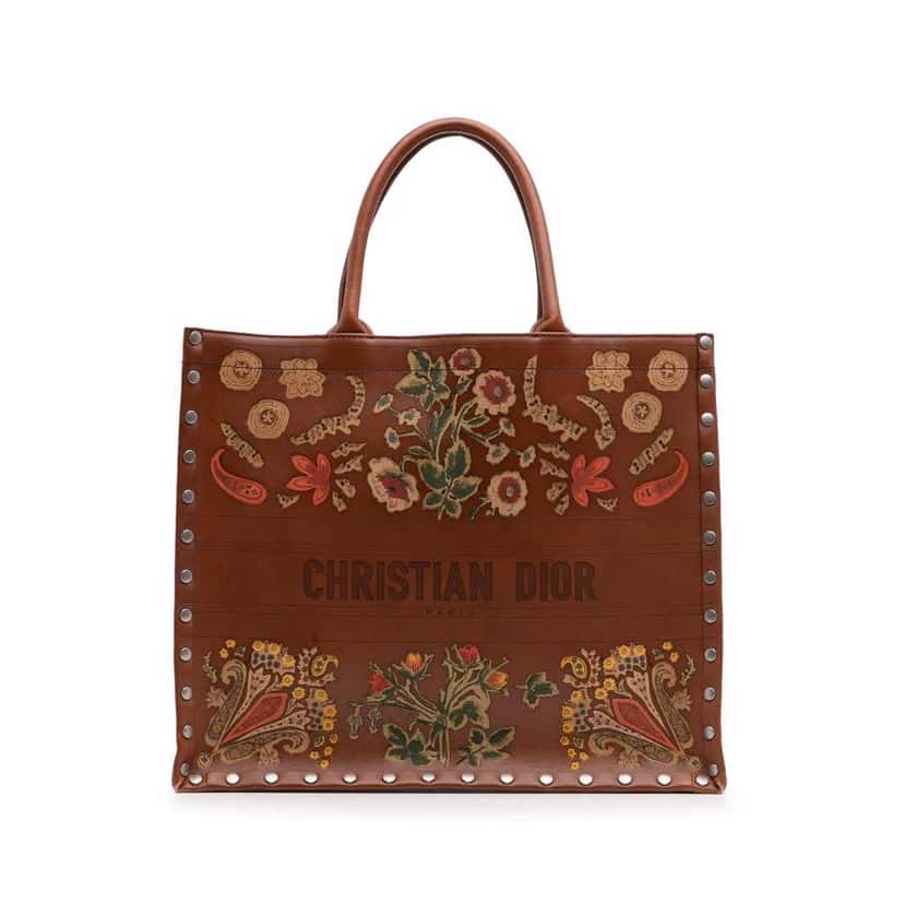 Dior Large Studded Embroidered Leather Floral Book Tote Brown Leather Good condition - Front View