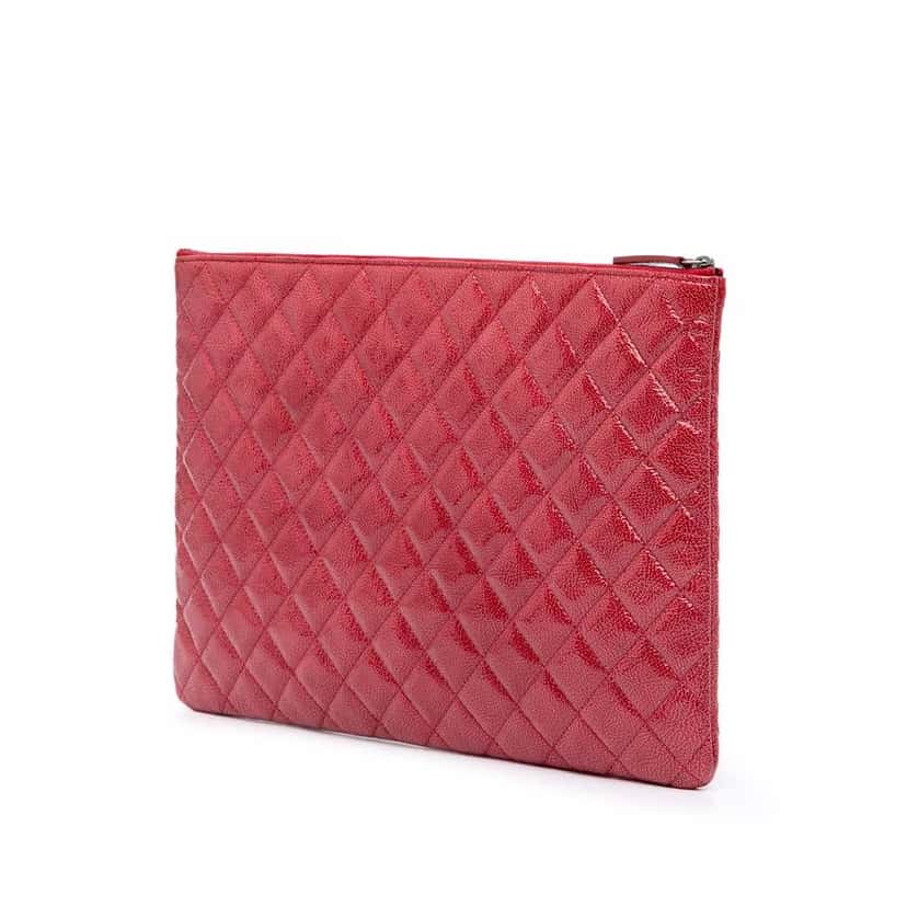 Chanel Large Quilted Patent O Case Clutch Red Leather Good condition - Back View