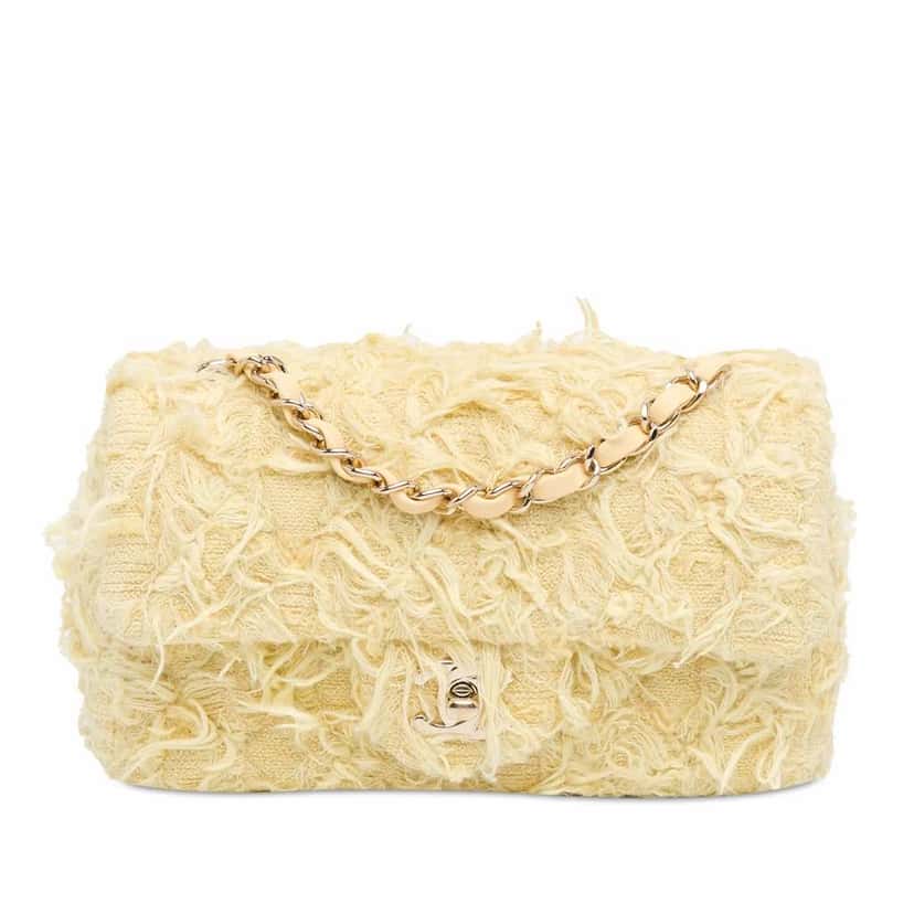 Chanel Mini Rectangular Classic Tweed Fringed Single Flap Yellow Good condition - Front View