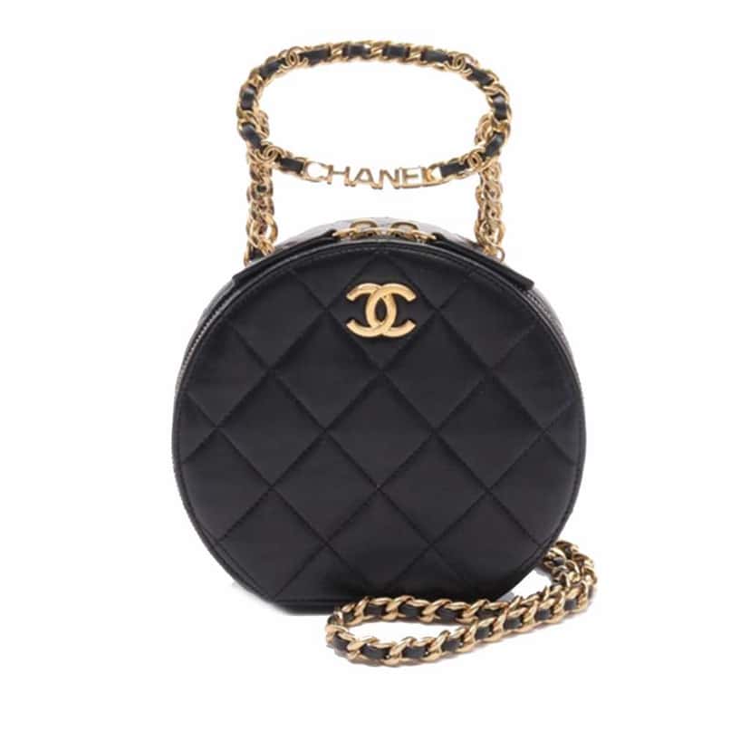 Chanel Quilted Lambskin Oval Logo Chain Top Handle Round Clutch on Chain Black Leather Very good condition - Front View