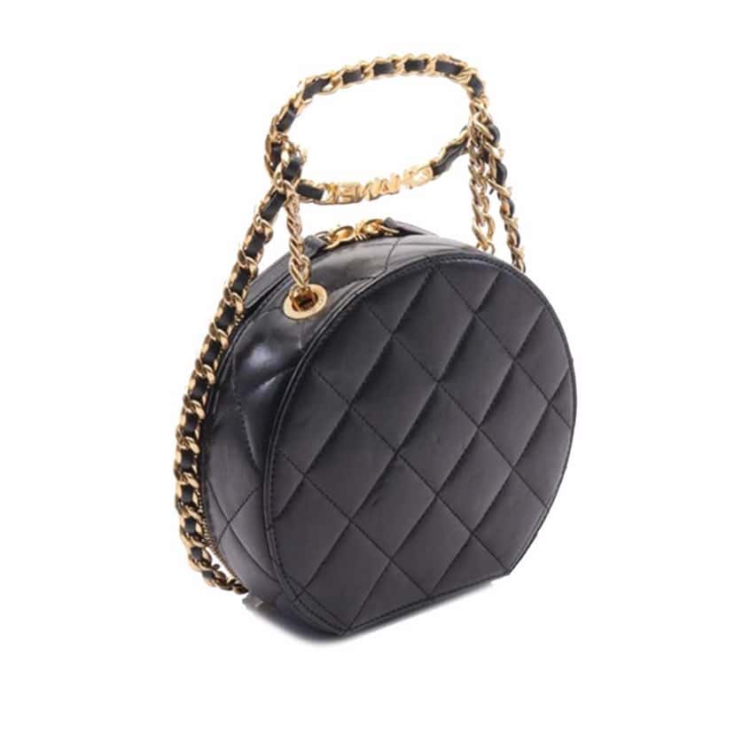 Chanel Quilted Lambskin Oval Logo Chain Top Handle Round Clutch on Chain Black Leather Very good condition - Back View