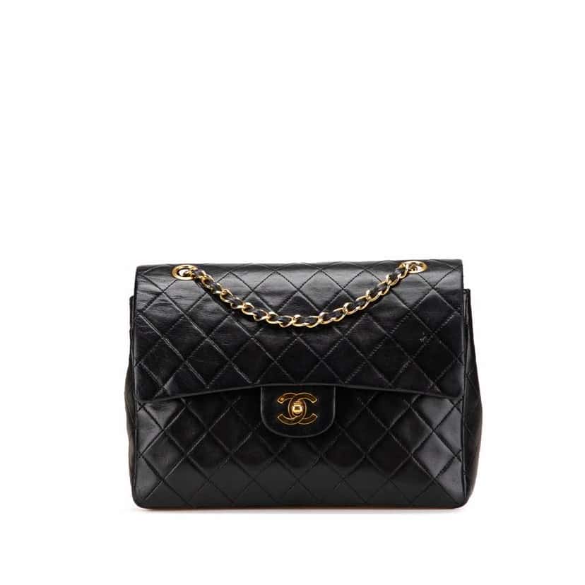 Chanel Medium Tall Classic Lambskin Double Flap Black Leather Good condition - Front View