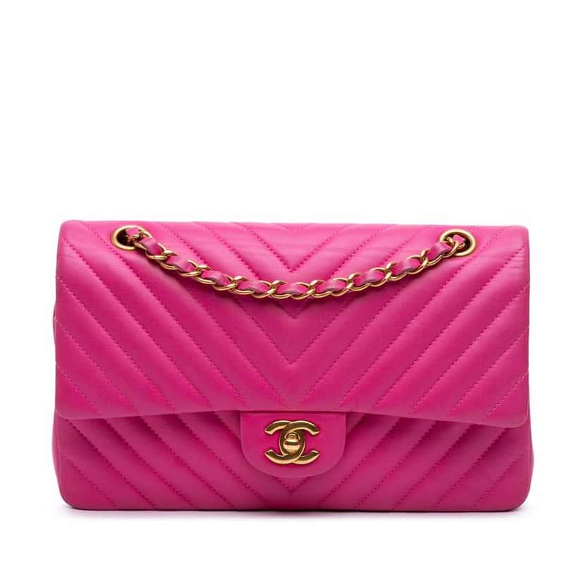 Chanel Medium Classic Chevron Lambskin Double Flap Pink Leather Good condition - Front View