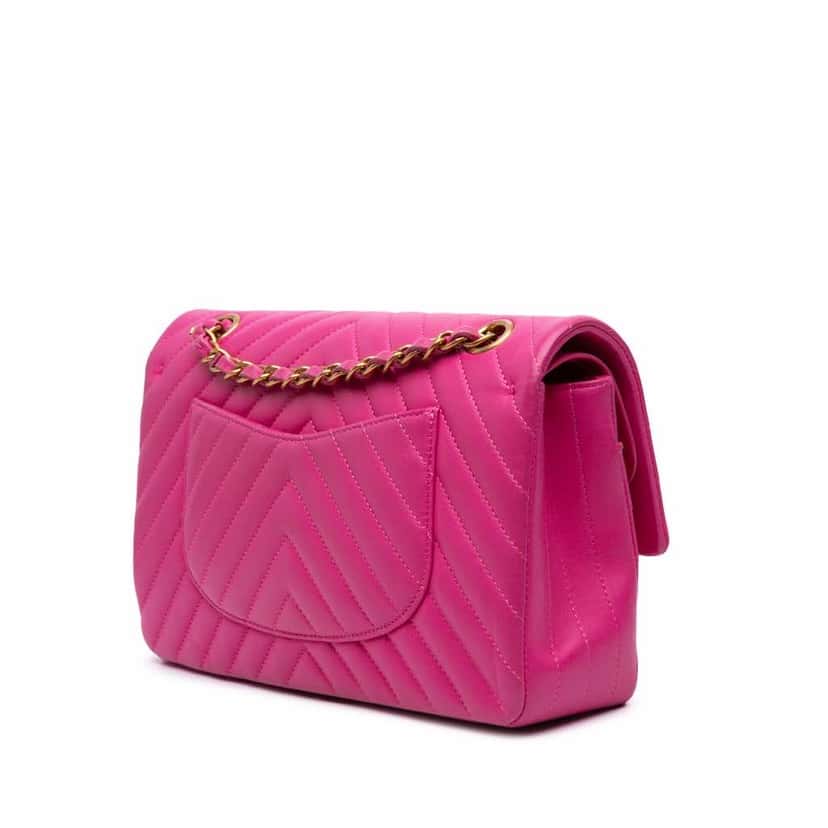 Chanel Medium Classic Chevron Lambskin Double Flap Pink Leather Good condition - Back View
