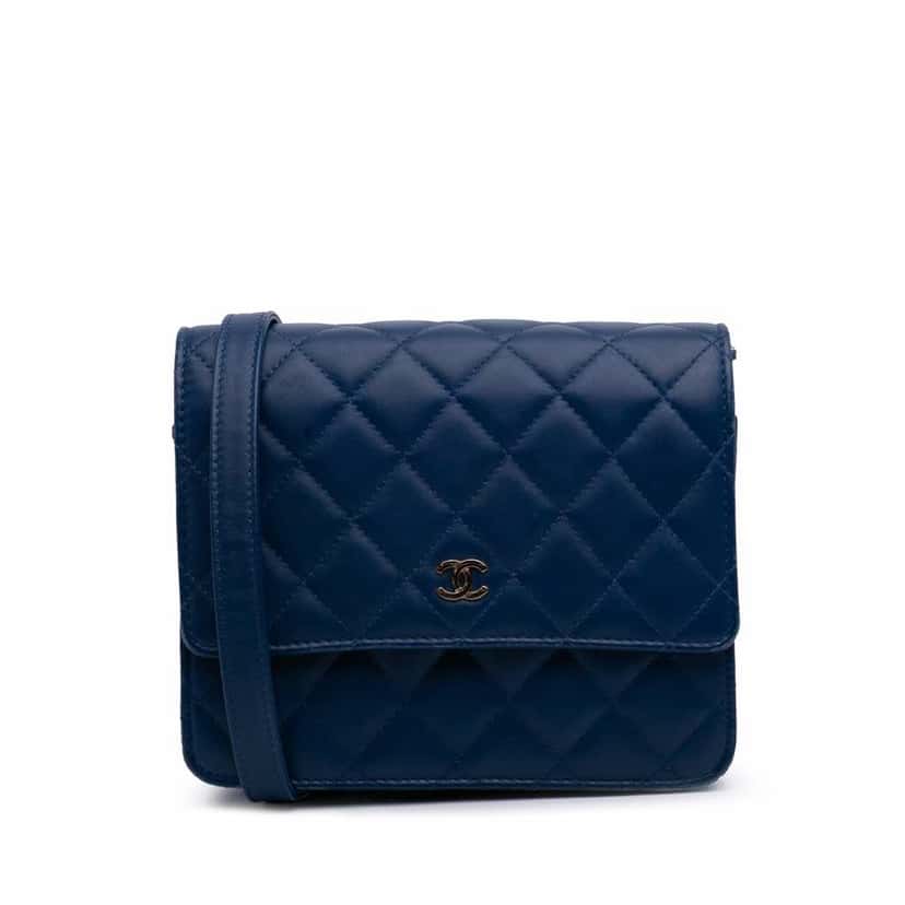 Chanel Quilted Lambskin Square Wallet on Chain Blue Leather Good condition - Front View