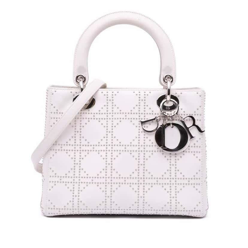 Dior Medium Lambskin Cannage Studded Lady Dior White Leather Good condition - Front View