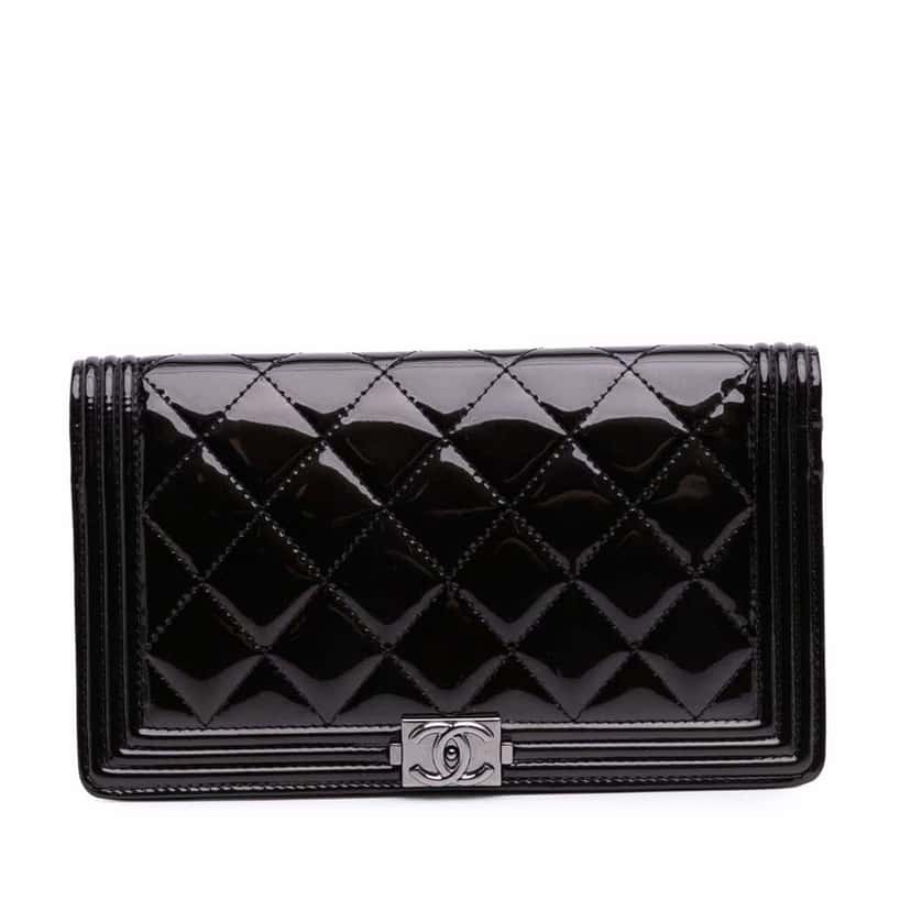 Chanel Quilted Patent Boy Long Wallet Black Leather Good condition - Front View