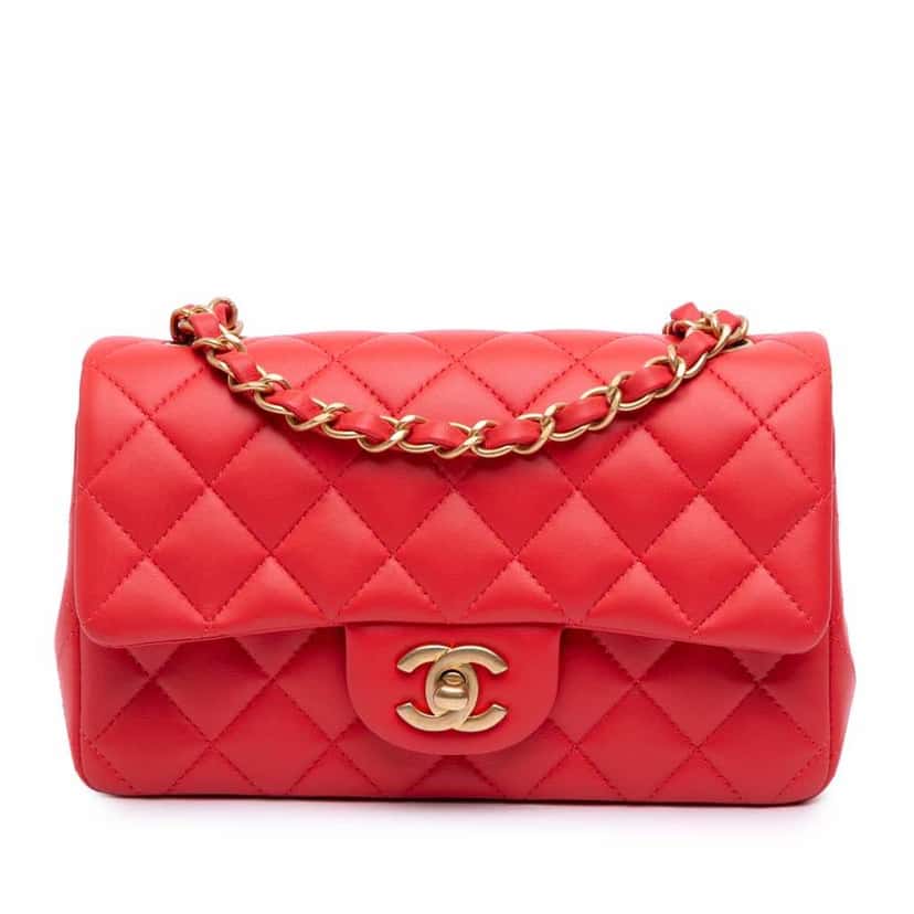 Chanel Mini Rectangular Classic Lambskin Single Flap Red Leather Good condition - Front View