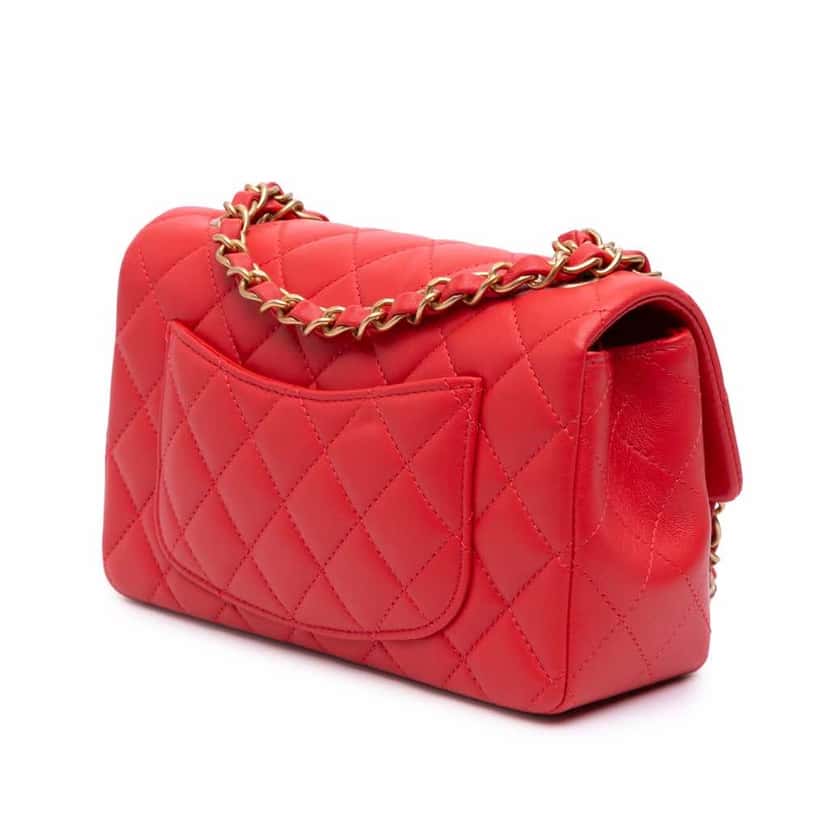 Chanel Mini Rectangular Classic Lambskin Single Flap Red Leather Good condition - Back View