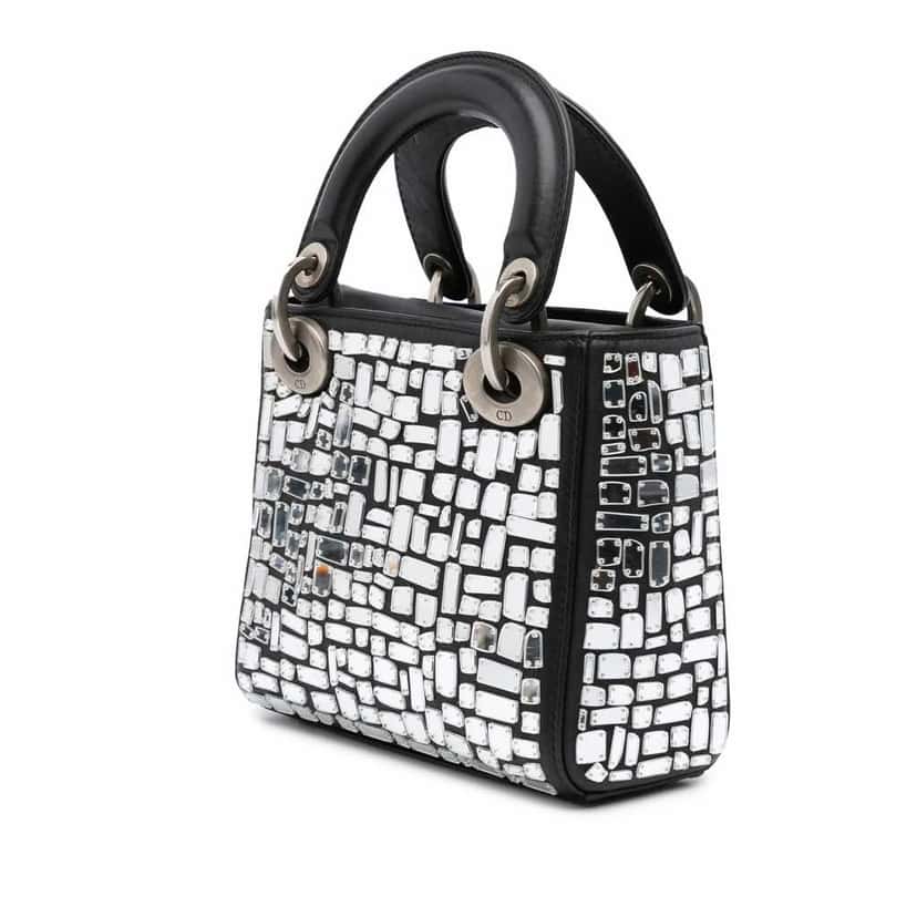 Dior Mini Smooth Calfskin Embroidered Mosaic of Mirrors Lady Dior Black Leather Good condition - Back View