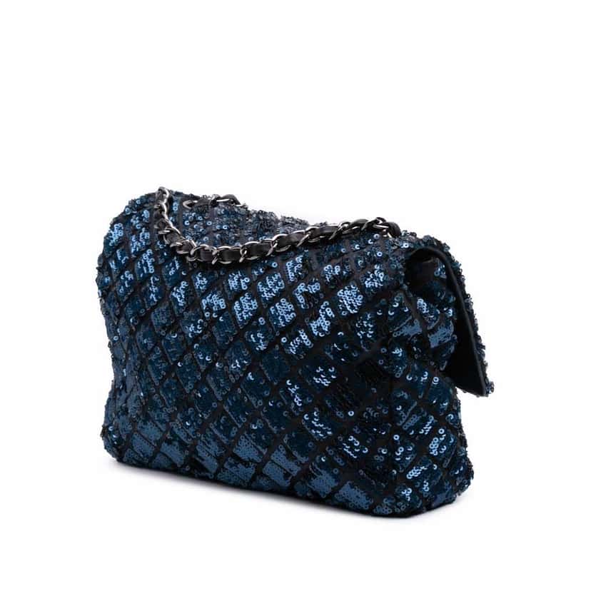 Chanel Medium Sequined Satin Single Flap Blue Good condition - Back View