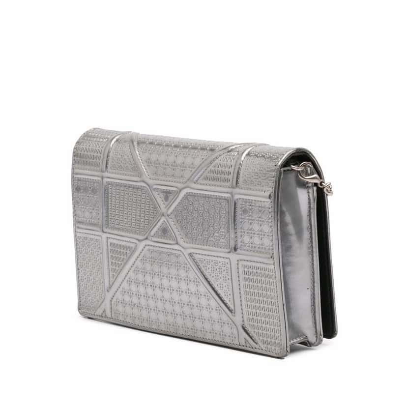 Dior Metallic Patent Microcannage Diorama Wallet on Chain Silver Leather Good condition - Back View