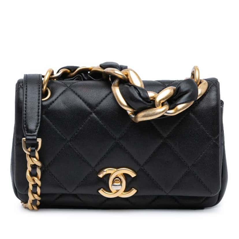 Chanel Small Quilted Lambskin Chain is More Flap Black Leather Good condition - Front View