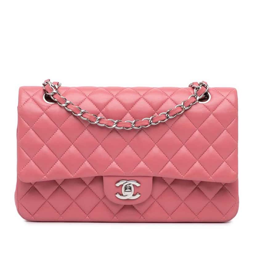 Chanel Medium Classic Lambskin Double Flap Pink Leather Good condition - Front View