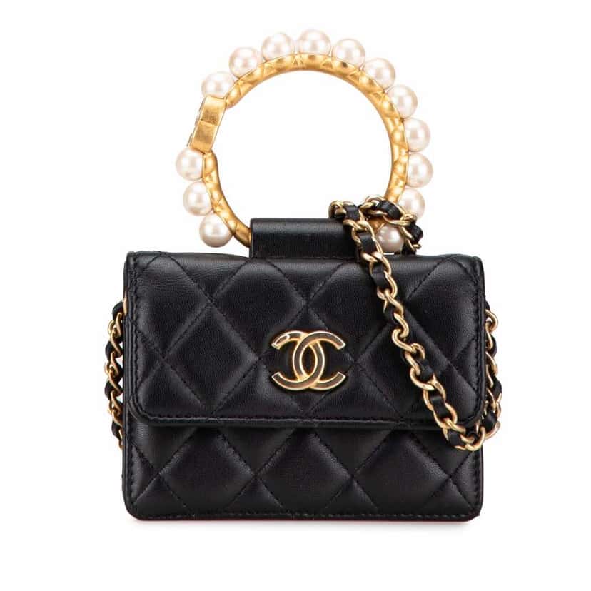 Chanel Quilted Lambskin Pearl Crown Clutch On Chain Black Leather Good condition - Front View