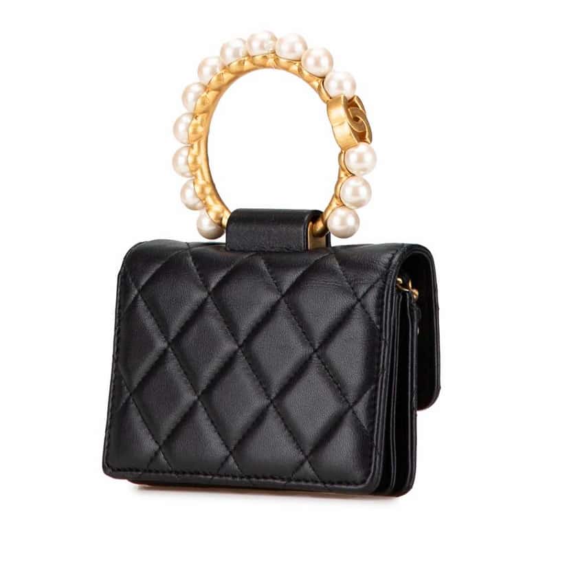 Chanel Quilted Lambskin Pearl Crown Clutch On Chain Black Leather Good condition - Back View