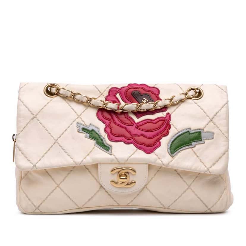 Chanel Medium Quilted Lambskin Rose Applique Wild Stitch Single Flap White Leather Good condition - Front View
