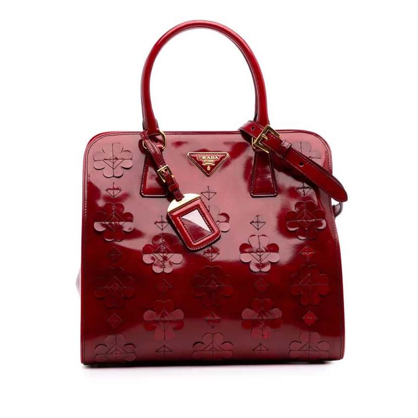 Prada Spazzolato Floral Applique Satchel Red Leather Good condition - Front View