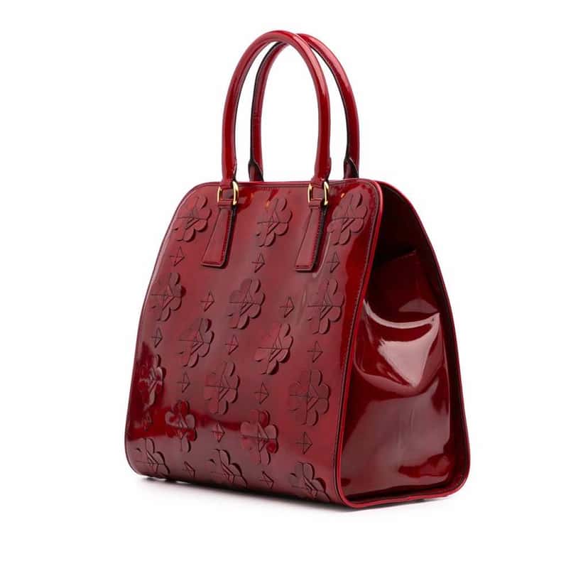 Prada Spazzolato Floral Applique Satchel Red Leather Good condition - Back View