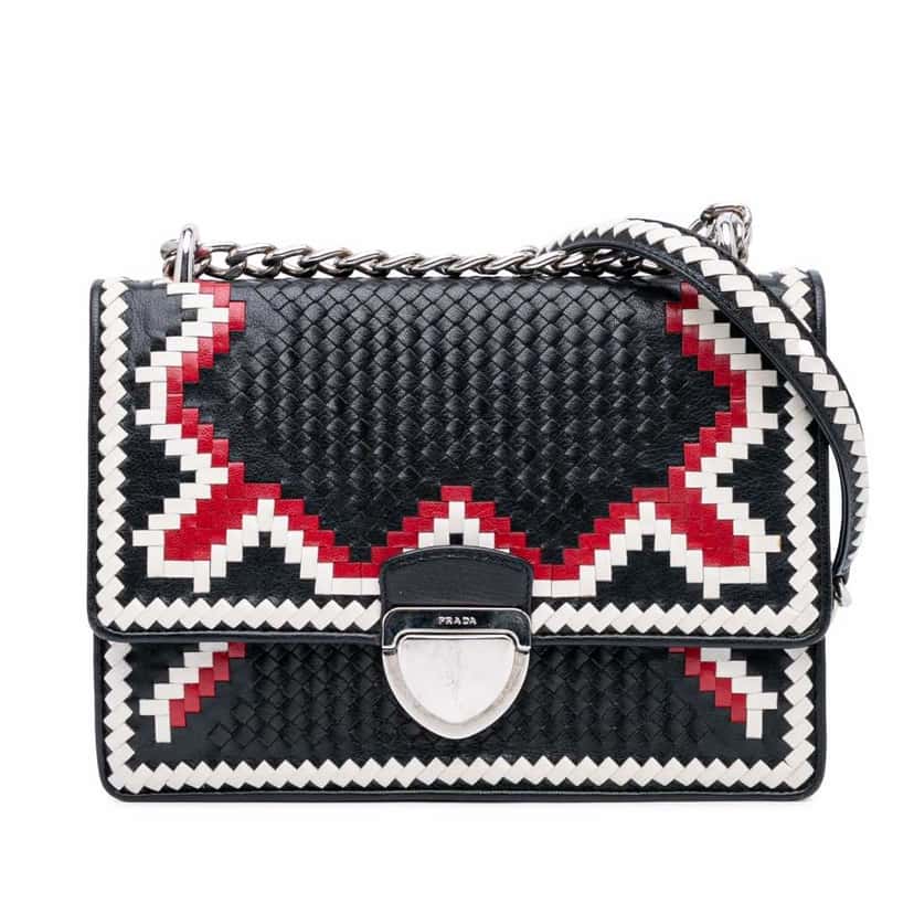 Prada Woven Madras Chain Flap Black Leather Good condition - Front View