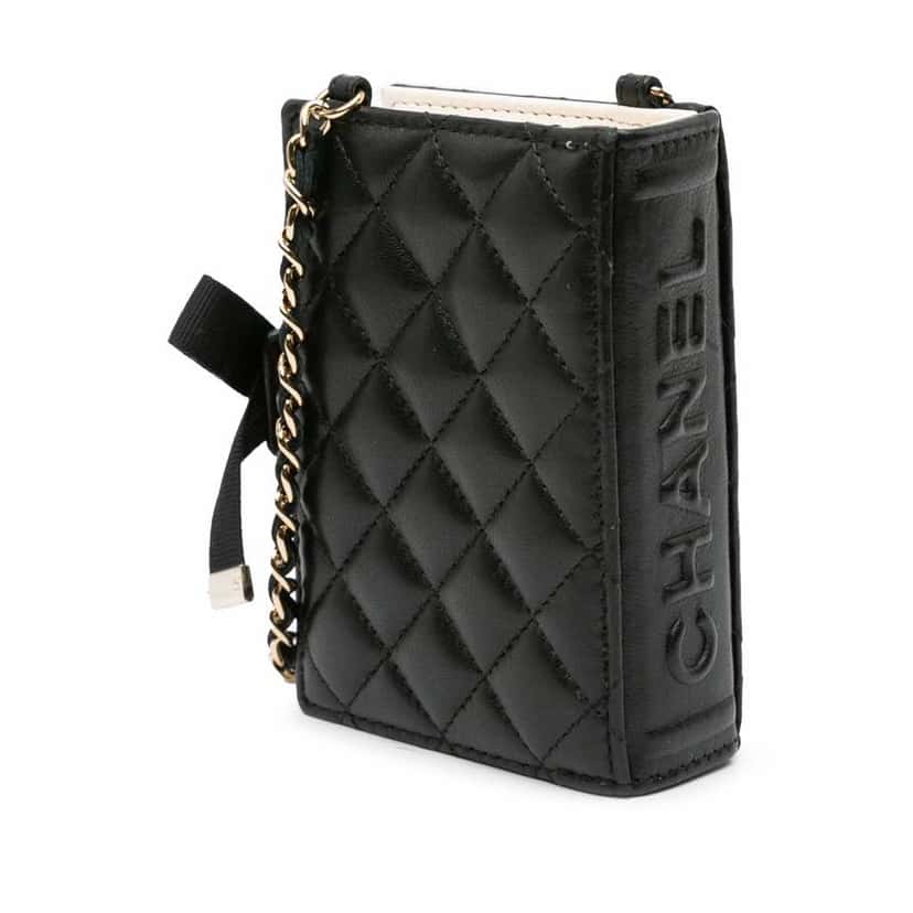 Chanel Quilted Lambskin Book Card Holder On Chain Black Leather Good condition - Back View
