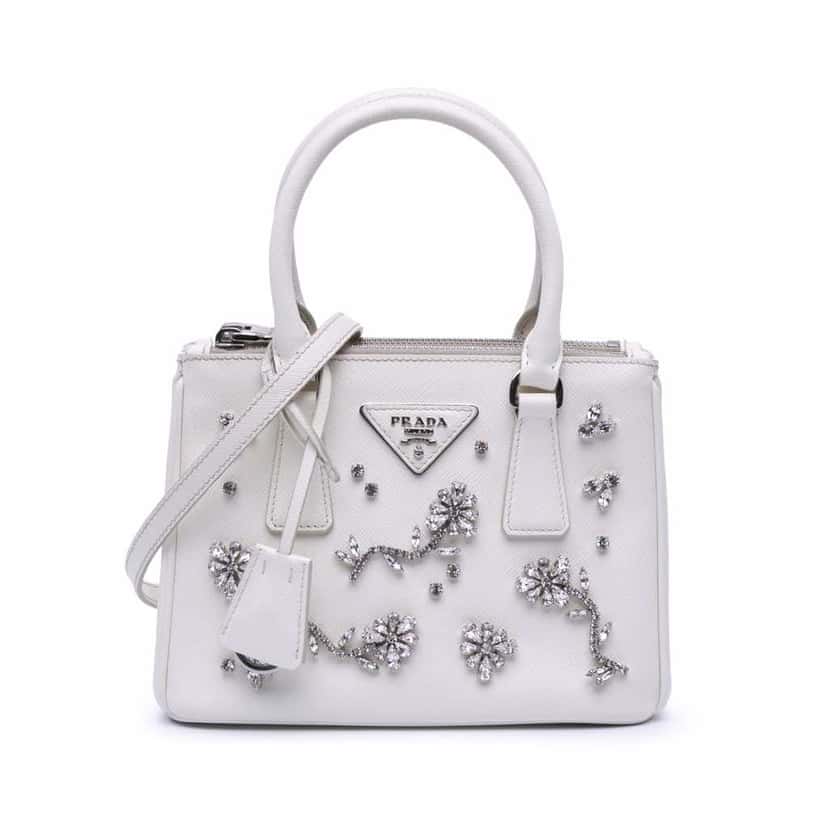 Prada Mini Saffiano Lux Crystal Embellished Galleria Double Zip White Leather Good condition - Front View