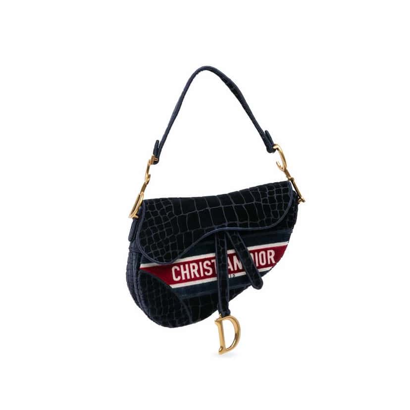 Dior Velvet Embroidered Crocodile Effect Saddle Bag Blue Good condition - Front View