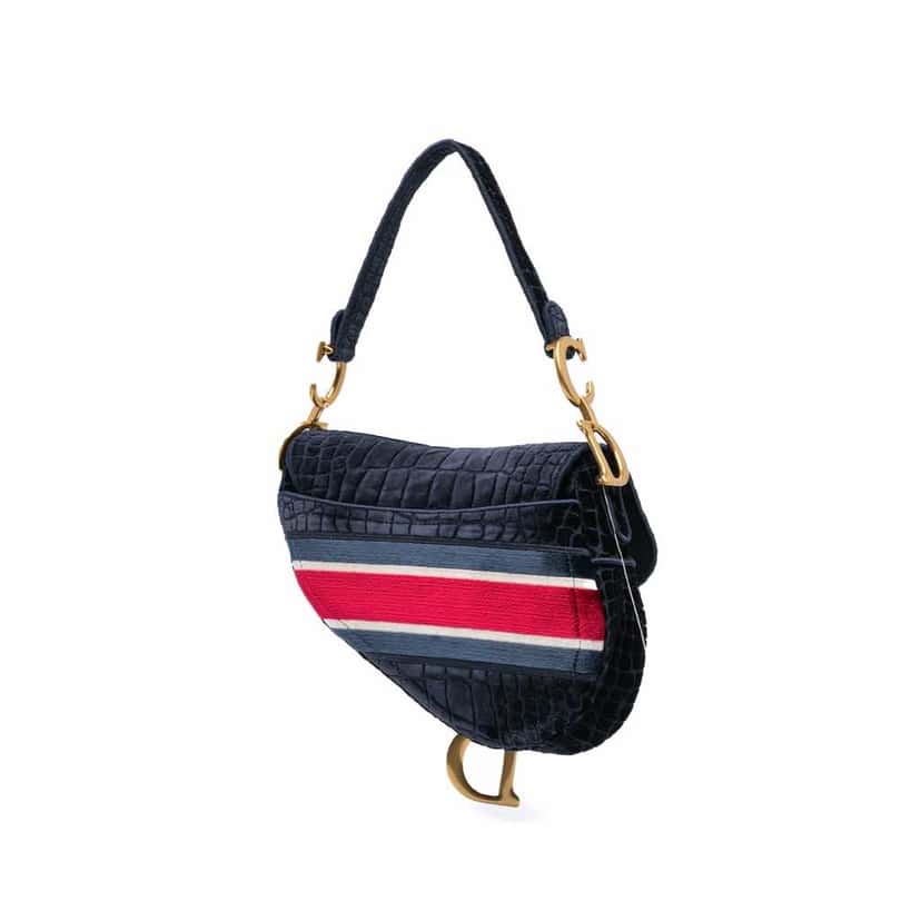 Dior Velvet Embroidered Crocodile Effect Saddle Bag Blue Good condition - Back View