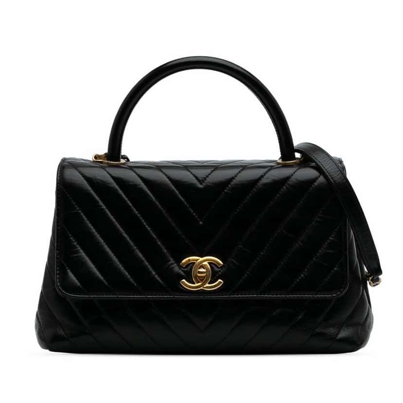Chanel Small Chevron Aged Calfskin Coco Top Handle Bag Black Leather Good condition - Front View